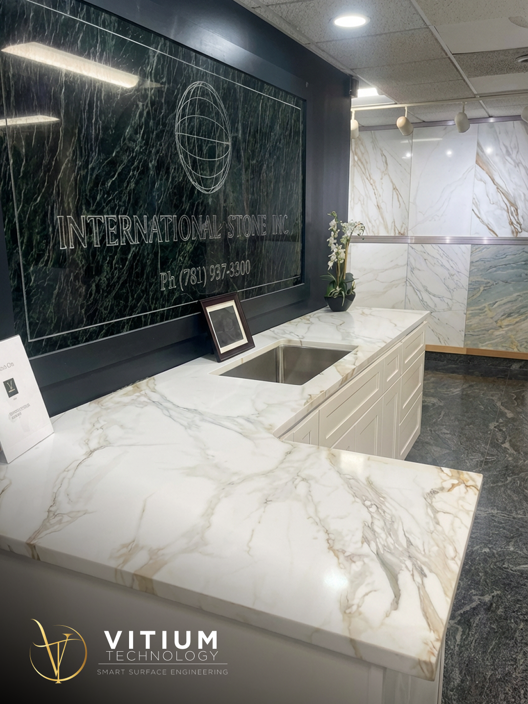 Printed countertops and decorative wall surfaces in the International Stone showroom.
